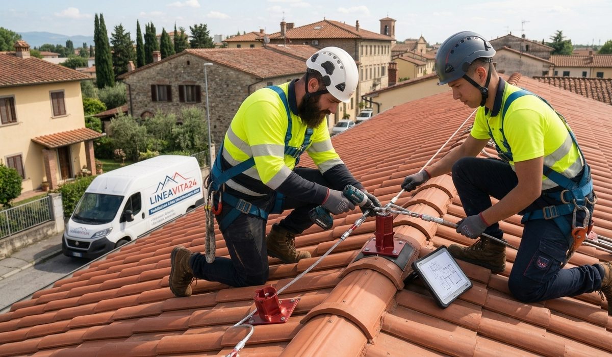 Installatori partner Lineavita24 fissano un ancoraggio sul colmo di un tetto in coppi