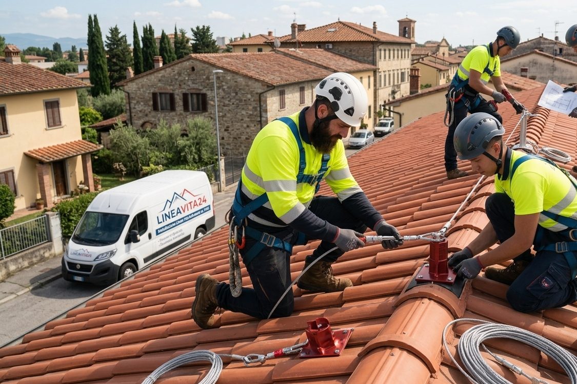 Installatori partner Lineavita24 durante la posa di una linea vita su tetto in coppi