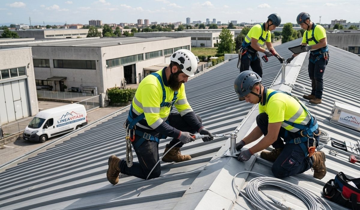 Installazione di una linea vita su copertura industriale in lamiera grecata